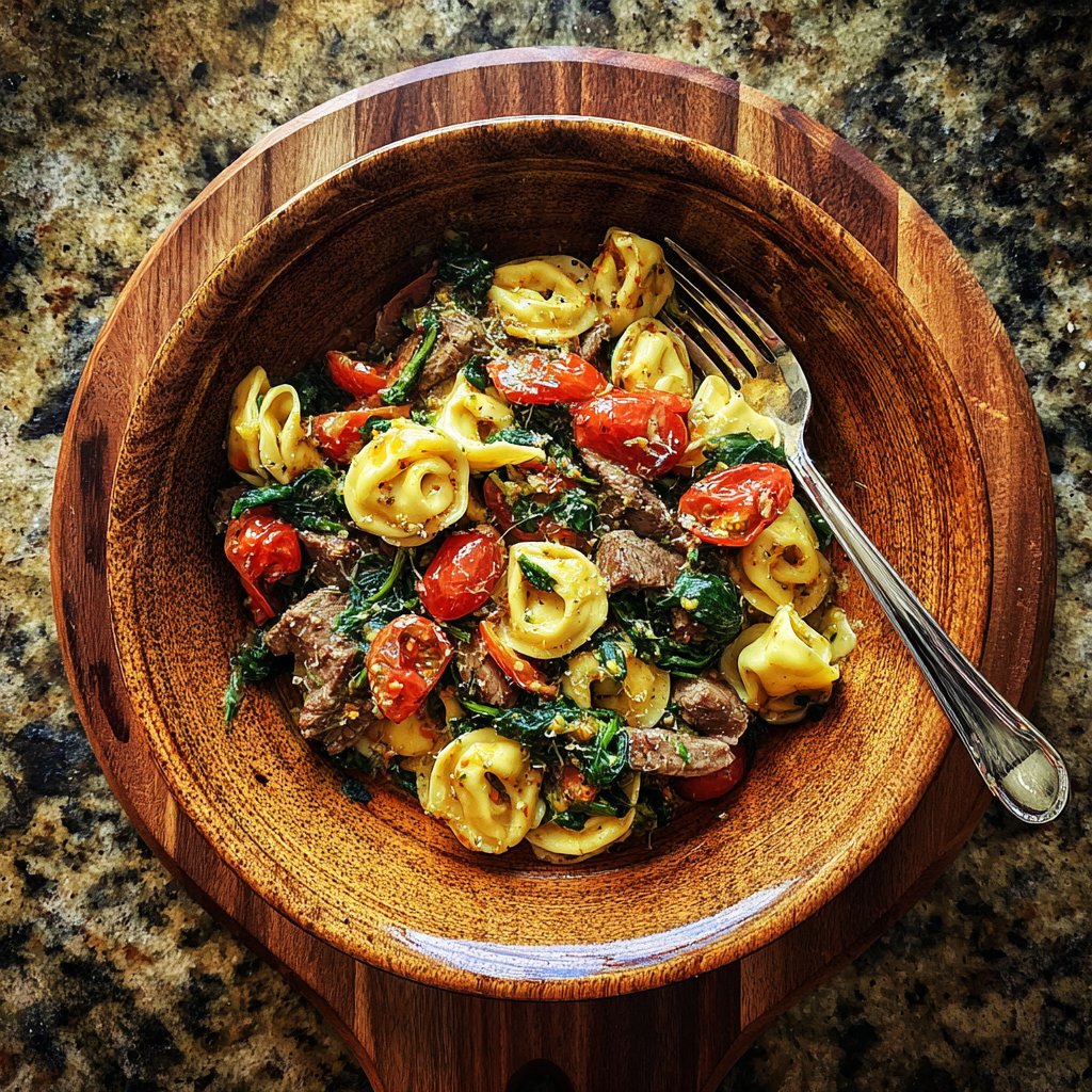Knoblauch Steak Tortellini mit Spinat und Kirschtomaten
