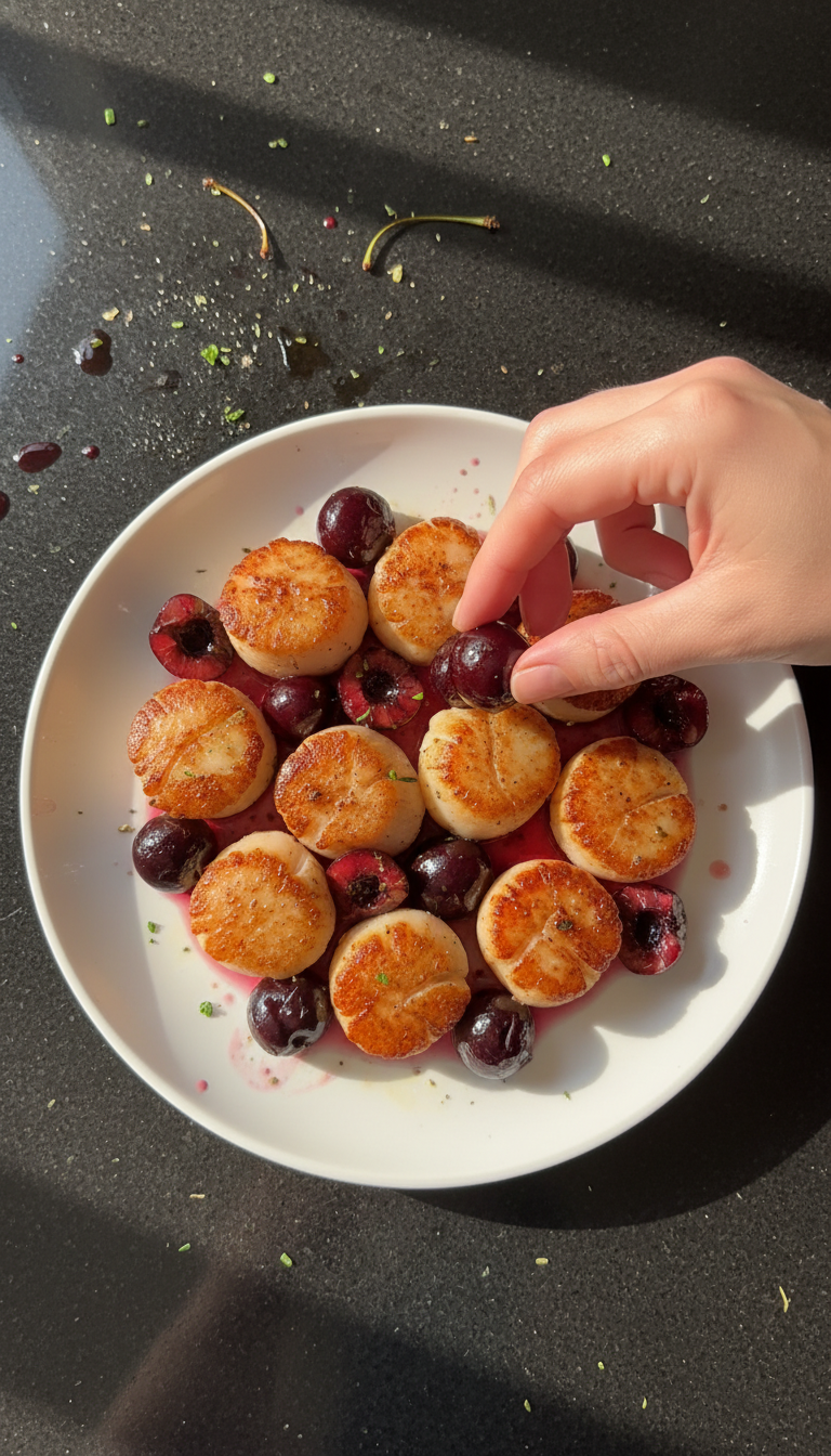Pfannen Jakobsmuscheln mit Kirschen​