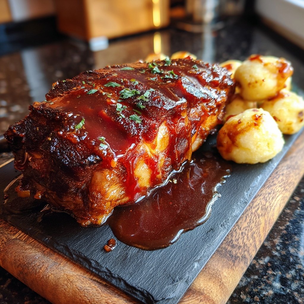 Schweinekrustenbraten mit Biersauce und Semmelknödeln​