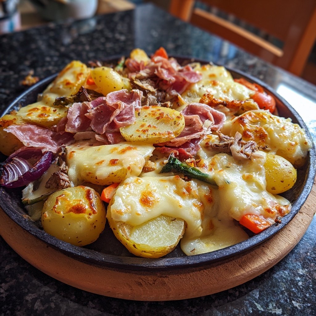 Raclette-Weihnachtsplatte mit Kartoffeln, Gemüse und Fleisch​
