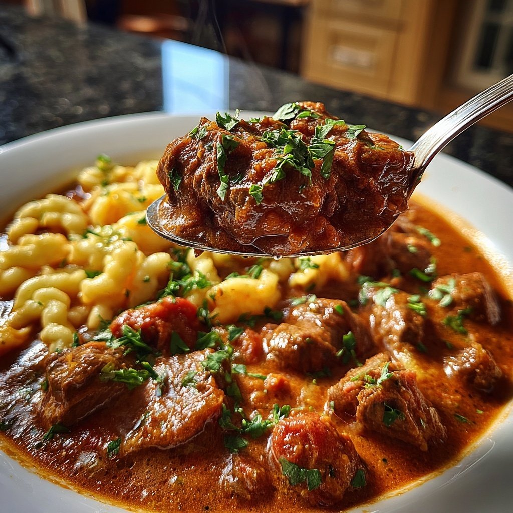 Hirschgulasch mit Preiselbeeren und Spätzle